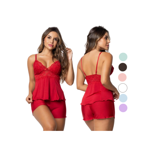 Pijama Baby Doll Sexy Short Doll Feminino Detalhe de Renda Luxo