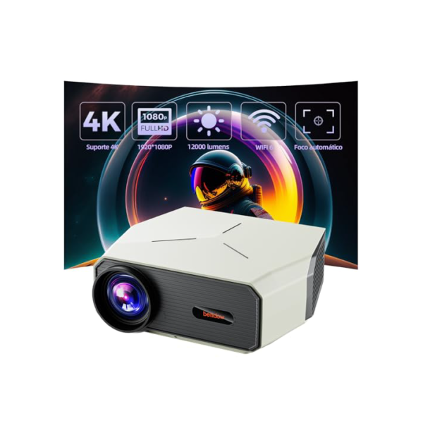 Bettdow Projetor 4k 12000 Lumens Full Hd 1080p Compatível Com Android 9, Smart Projetores Retroprojetor Portatil 350 ANSI WiFi 2.4G+5G BT 5.0, Eletronico Correção Trapezoidal, Foco Eletronico