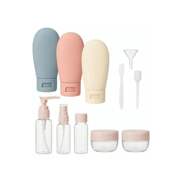 Kit de Frascos de Viagem 11 Peças com Necessaire – Potes de Silicone Reutilizáveis para Shampoo Condicionador Sabonete Creme Alcool em Gel Maquiagem e Cosmeticos em Geral| Aprovados para Avião