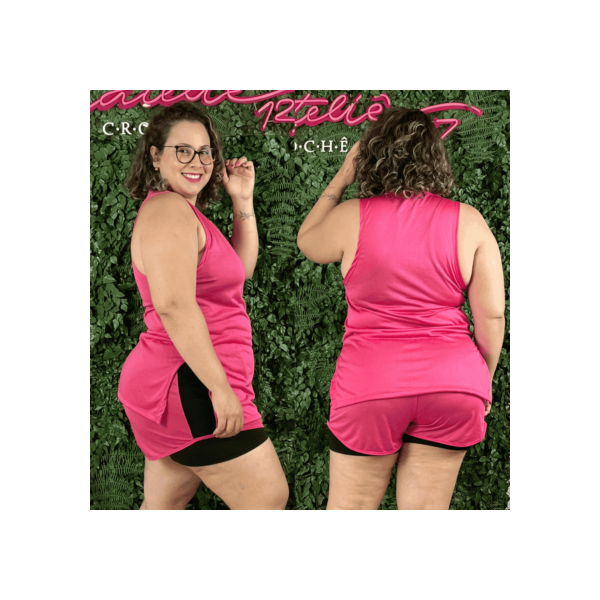Conjunto Plus Size Roupas Femininas Academia Blusa Tapa Bumbum e Shorts Sobreposto Fitness Kit Curve