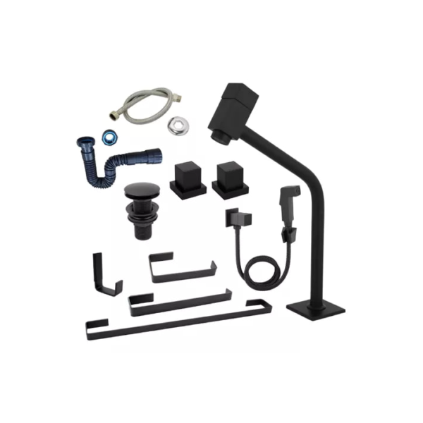 Kit Para Banheiro 8 Peças Quadrado Preto Com Ducha