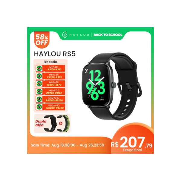 [R$100-R$10 Promo Code:MEGA10] HAYLOU Watch RS5 Smartwatch 2.01'' AMOLED HD Display Bluetooth Chamada Desportiva Assistente de Voz Açúcar no Sangue Smartwatch SOS Impermeável Braceletes Duplas