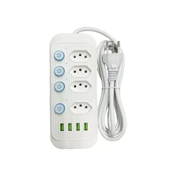Régua Extensão Elétrica USB 4 Tomadas + 4 Portas USB 10A com Botão Liga/Desliga Cabo Longo e Resistente