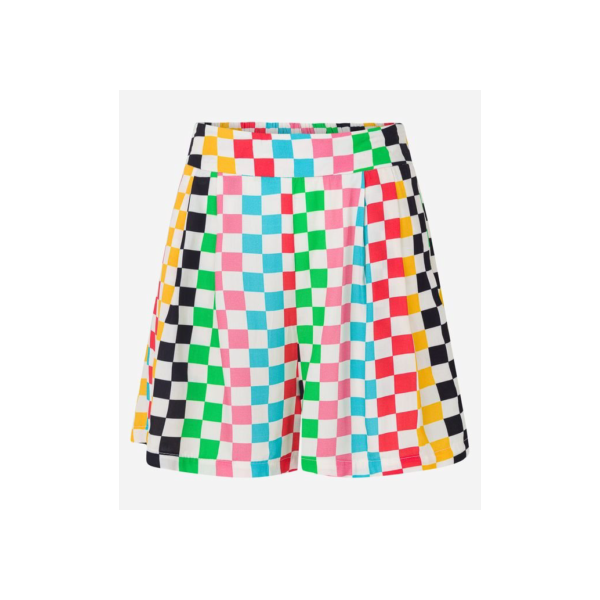 Short Curto em Viscose com Preguinhas e Estampa Quadriculada Multicores