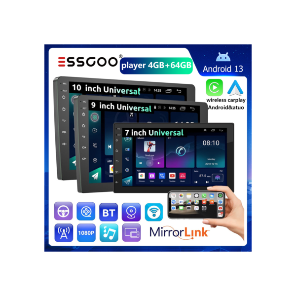 ESSGOO bluetooth 7" 9" 10" 2 din 4 + 64gb android carro mp5 player tela de toque carplay & android carro estéreo rádio