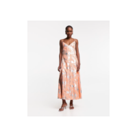 Vestido New Midi em Crepe Metalizado com Fenda Lateral e Foil Rosa