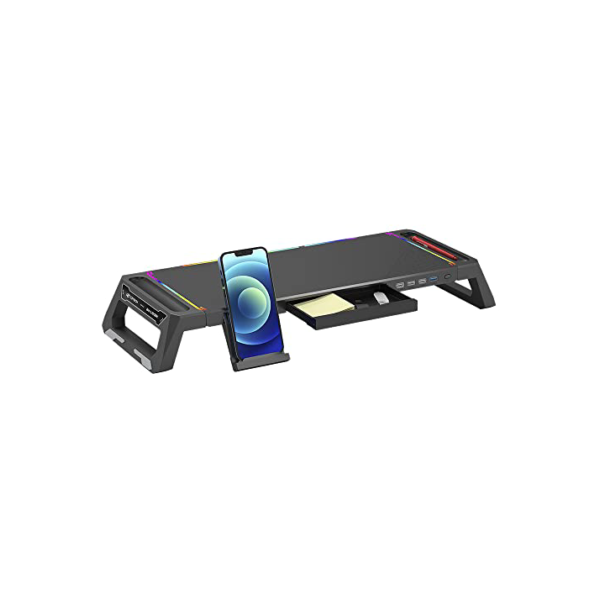 C3Tech Base para Monitor Gaming BM-L100BK, preto, com luzes RGB, Possui Hub USB embutido com saídas 1 x USB 3.0 e 3 x USB 2.0, Apoie Monitor, Notebook, Impressora, TV, Console