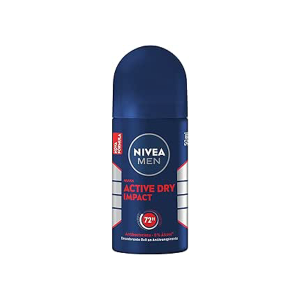NIVEA MEN Desodorante Antitranspirante Roll On Dry Impact 50ml - Proteção prolongada de 72h, dupla proteção antitranspirante, proteção extra seca, sem alumínio, corantes e conservantes