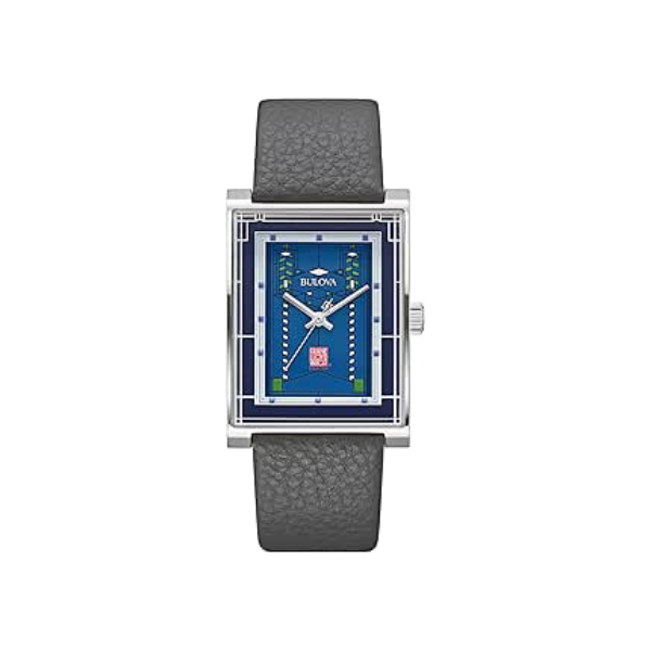Bulova Relógio masculino de quartzo Frank Lloyd Wright Robie House, aço inoxidável, 3 ponteiros, pulseira de couro cinzento: 96A287, Prateado e azul, Relógio de quartzo