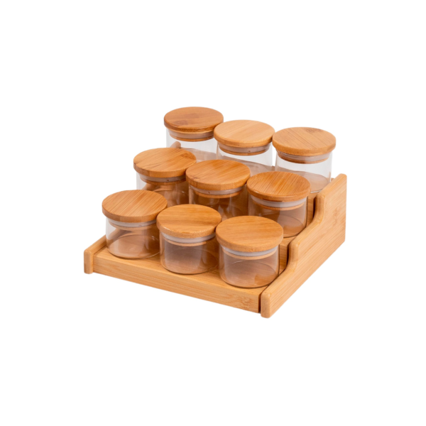 kit 9 potes 110ml tampa bambu e rack organizador bambu Oikos