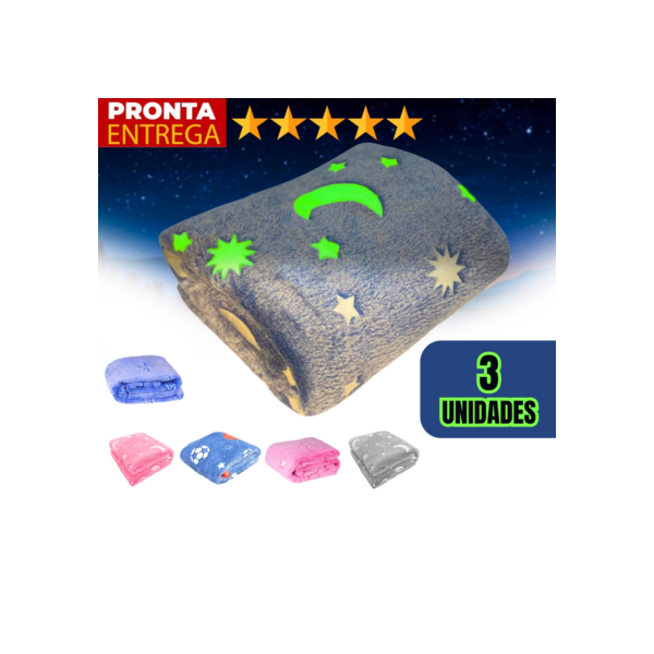 Kit 3 Unidades Manta Brilha No Escuro Para Bebê Infantil Inverno Estampada 100cm x 80cm