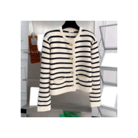 Listra Contrastante Em Torno Do Pescoço Estilo Francês Malha Cardigan Feminino Outono Solto Curto Exterior Camisola Casa