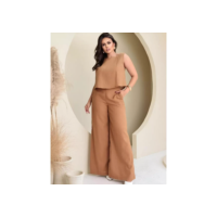 Conjunto Linho Pantalona Alfaiataria Calça e Regata Social Elegante Moda Casual Feminino Eloquencia