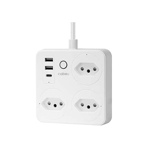 Filtro de Linha, Tomada Inteligente Wifi, Extensão Tomada, Regua Tomada, Regua de Energia, 3 Tomadas, 2 Interfaces USB, 1 Porta USB Tipo-C, Suporte para Controle Por Voz, Controle de celular (Branco)