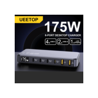 Ueetop 175W GaN Carregador USB C Display LED Carregador de mesa de 6 portas Tipo C PD 100W PPS 45W Carregamento rápido para MacBook Samsung iPhone