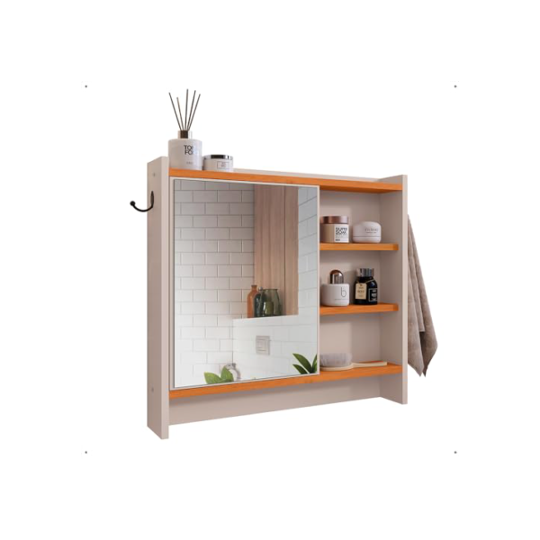 Armário Com Espelho Porta Gancho Para Toalha Banheiro Genova (Off White/Cinamomo2)