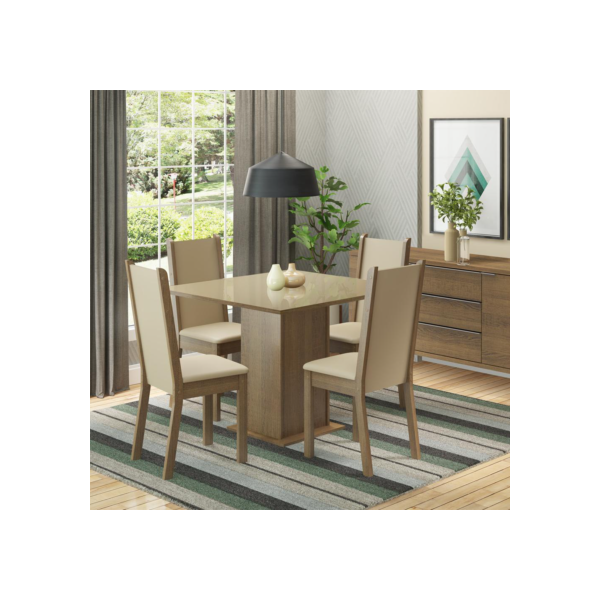 Conjunto Sala de Jantar Madesa Moscou Plus Mesa Tampo de Vidro com 4 Cadeiras - Rustic/Crema/Pérola