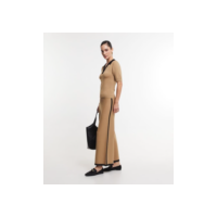 Calça Wide Leg em Tricô com Ribana no Cós e Contraste na Bara Marrom Claro