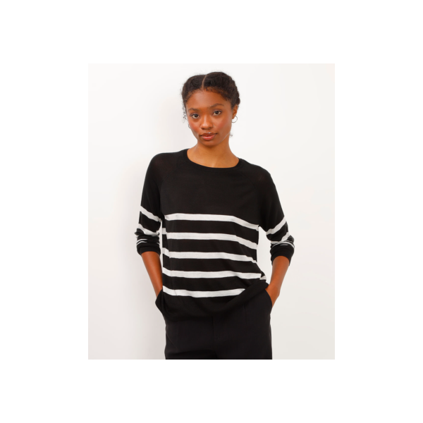 blusa de tricot listrada manga longa preta