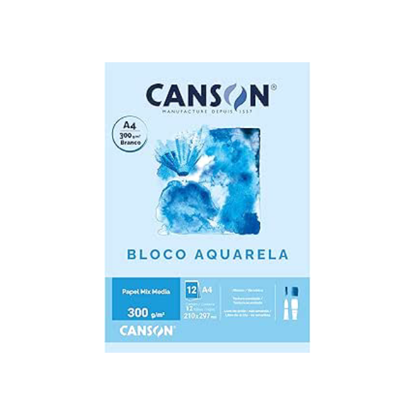 CANSON Linha Universitária, Bloco de Papel A4 Para Aquarela, 12 Folhas de 300g/m²