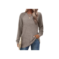 Moletom feminino túnica com gola redonda leve raglã manga longa tops moda outono 2025, Caqui, M