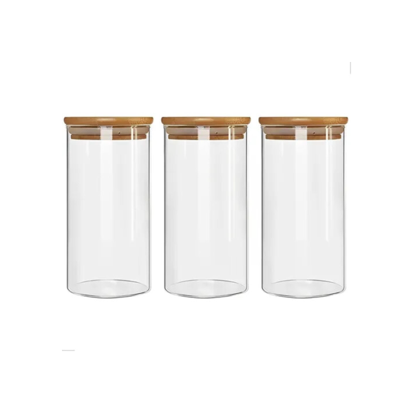 Kit 3 Pote Hermético Vidro Tampa Bambu 1000ml Mantimentos