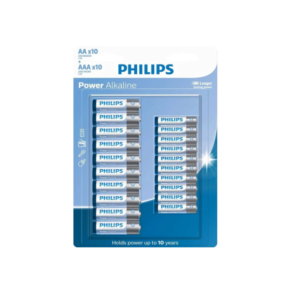 Pilhas da Philips Alcalinas Profissional Pilha Pequena AA 10 Unidades Mais Pilha Palito AAA 10 Unidades Cartela com 20 Unidades para Controles de Xbox PS4 Microfone ETCS