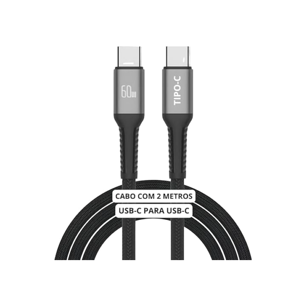Cabo USB-C 2 metros Tipo C Turbo 60W Ultra Rapido Nylon Trançado e Reforçado Android e Iphone Notebook Tablet Qualidade Premium Carregamento Transferência de Dados