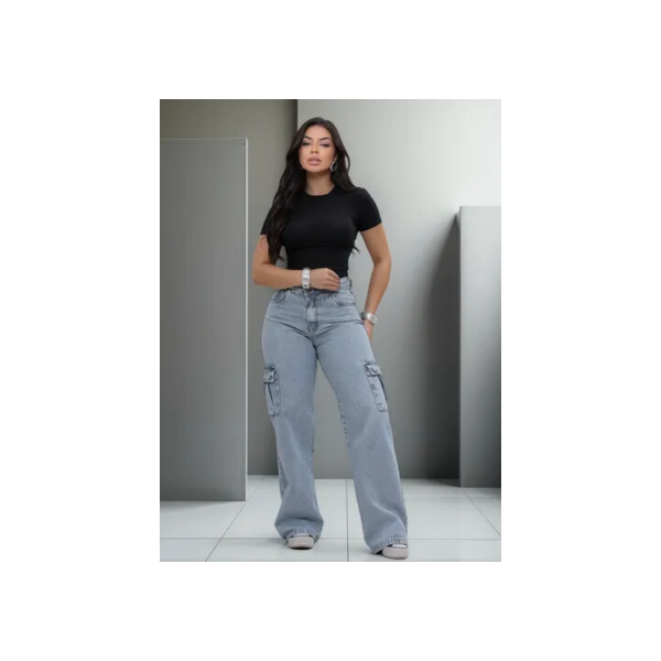 Calça Jeans Feminina Cargo Levanta Bumbum Cintura Alta