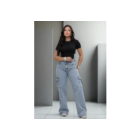 Calça Jeans Feminina Cargo Levanta Bumbum Cintura Alta