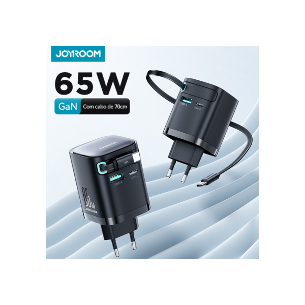 Joyroom 65W GaN Carregador USB com cabo retrátil tipo c para telefone tablet laptop carregamento rápido para iPhone Samsung Macbook