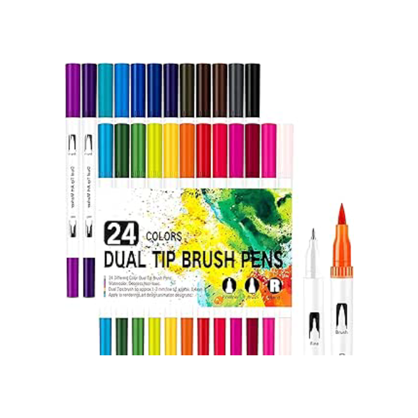 Kit Canetinhas Marcadoras de Ponta Dupla para Livros de Colorir, Conjunto de Canetas Marcador Brush Ponta Fina e Pincel Para Desenho, Presente Infantil, Presente Dia Das Crianças (24)