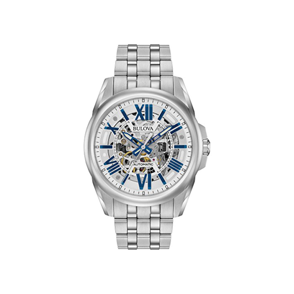 Bulova Relógio masculino clássico Sutton automático com 3 ponteiros, 21 joias, reserva de energia de 42 horas, mostrador esqueleto, ponteiros luminosos, resistente à água até 100 m, 43 mm, Aço