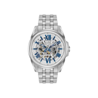 Bulova Relógio masculino clássico Sutton automático com 3 ponteiros, 21 joias, reserva de energia de 42 horas, mostrador esqueleto, ponteiros luminosos, resistente à água até 100 m, 43 mm, Aço