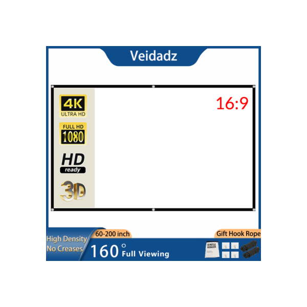 VEIDADZ-Tela portátil dobrável projetor, tela de projeção macia, alta densidade, branco, sem vincos, 16:9, interior e exterior, 60-200 polegadas