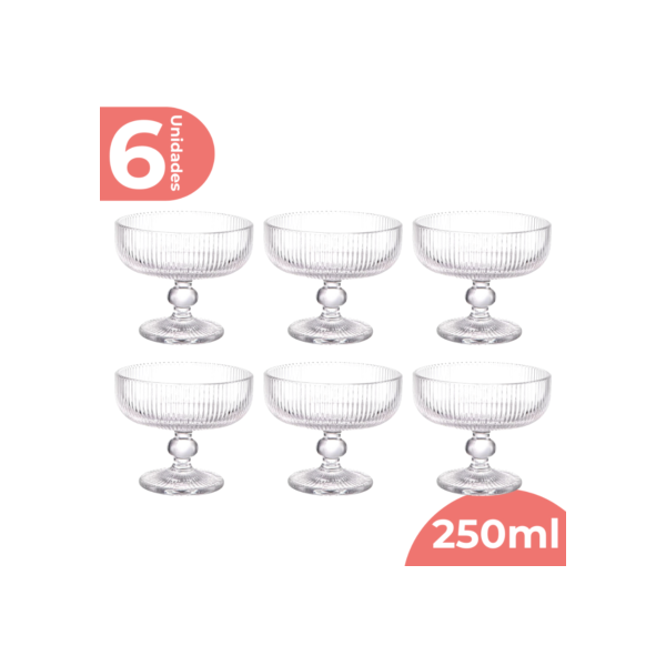 Jogo 6 Taça Sobremesa Vidro Sorvete Açai 250ml Canelado Luxo