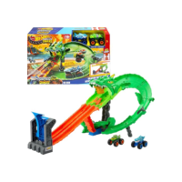 Hot Wheels Monster Trucks Pista de Brinquedo Tubarões vs. Dinossauros: Destruição do Dragão para crianças a partir de 4 anos