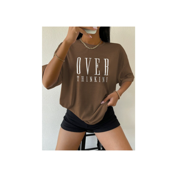 Camiseta Feminina Oversized Over Thinking estilo de Rua Largo Academia 100% Algodão 30.1 Corte Reto