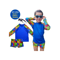 Kit Conjunto Blusa Manga Longa + Sunga + Óculos Praia Piscina Menino