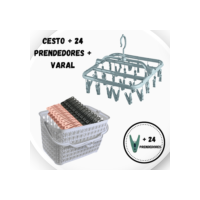 Kit Lavanderia PREMIUM Cesto Multiuso + 24 Prendedores + Varal Roupas Íntimas com 26 Grampos