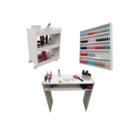 Kit Para Manicure Com Mesa + Prateleira de Esmaltes + Carrinho Auxiliar com 3 Bandejas e Rodinhas MDF