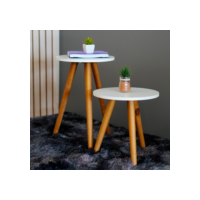 Conjunto de Mesinha Lateral Redonda Sala Pe Madeira Retro Sala Quarto