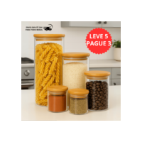 Kit 5 Potes de Vidro com Tampa de Bambu Hermético Mantimentos Condimentos Empilhaveis