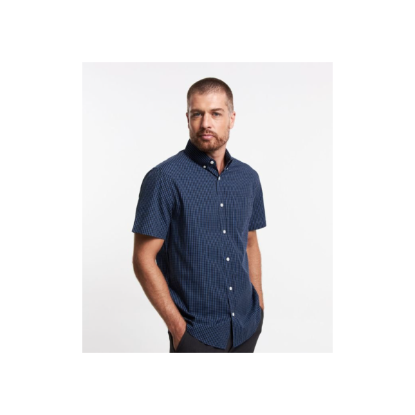 Camisa Comfort em Algodão com Estampa Xadrez Azul