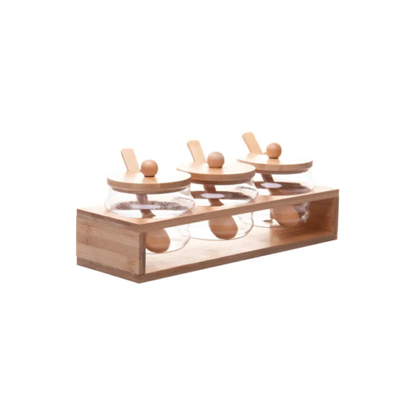 Conjunto 3 Potes em Vidro Borossilicato Com Tampa Hermética Colher Suporte Rack em Bambu 280ml - Wolff