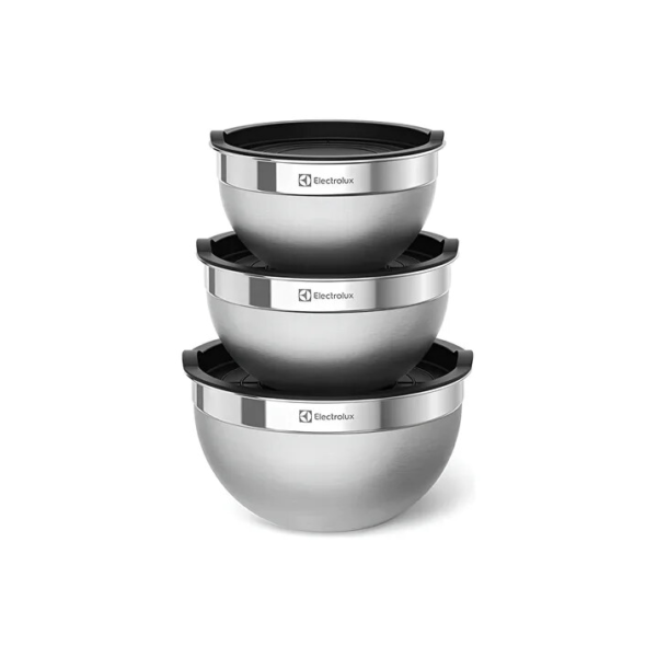 Conjunto Electrolux com 3 Bowls Tigelas Inox com Tampa Plástica Utensílios Domésticos de Cozinha