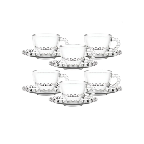 Jogo De Xícaras E Pires Em Vidro Transparente 12 Peças Para Café 220ml Pearl Pérola