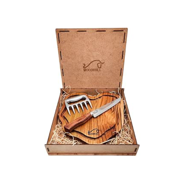 Kit Churrasco Edição Especial, com Ferramentas para Preparar e Servir Carnes com Estilo, Ideal para Churrascos, Festas e Presente, Tábua Artesanal, Faca Inox 7" e Garra de Urso – WOODBULL.