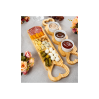 Petisqueira de Madeira Kit Petisqueira para Molhos com Trio de Ramequin de Porcelana Branca