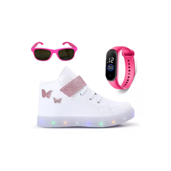 Kit Tênis Botinha Infantil Borboleta Menina + Oculos Relogio